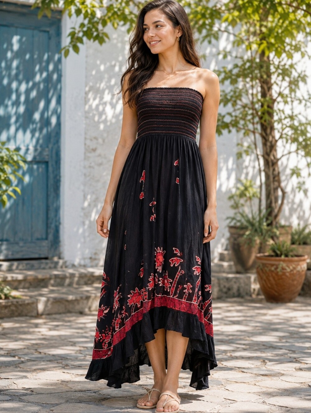 MAMTA Women's Dress One Size Smocked Top  Black/red Strapless Hi-low Hem #B